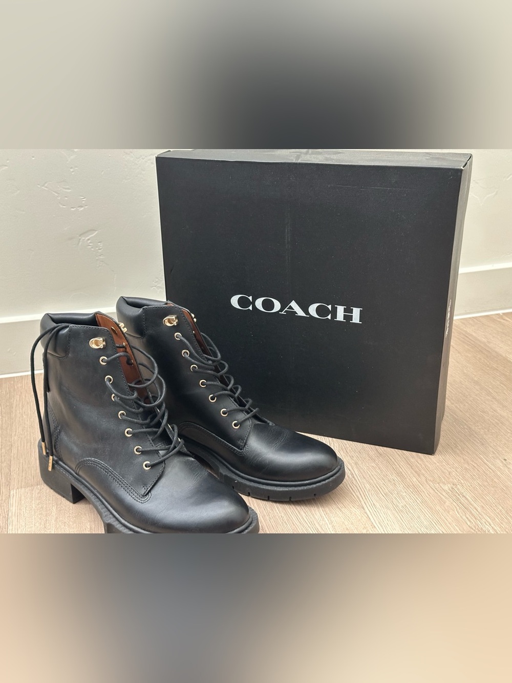 Coach Black Leather Lorimer Women’s Lace-Up Ankle Boots with Gold-Tone Hardware